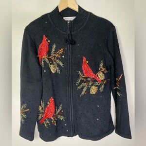 Vintage Christmas cardigan sweater beading cardinal Heirloom Collectibles small
